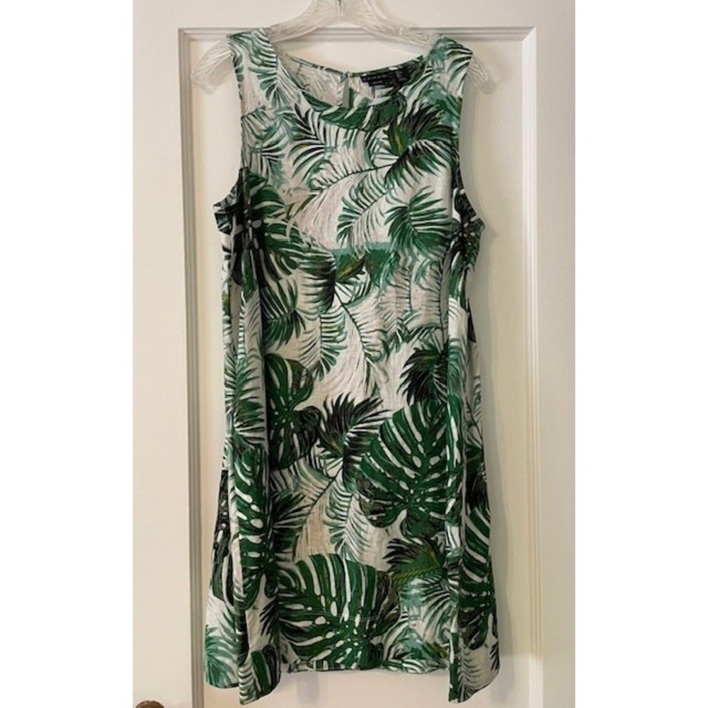 TAHARI Linen Blend FOLIAGE Monstera Shift Dress L Large VGUC